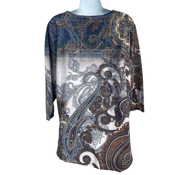 FRENCH BLUE Paisley Studded Tunic Top V-Neck Multicolor 3/4 Sleeves Blouse Sz XL - Picture 2 of 4
